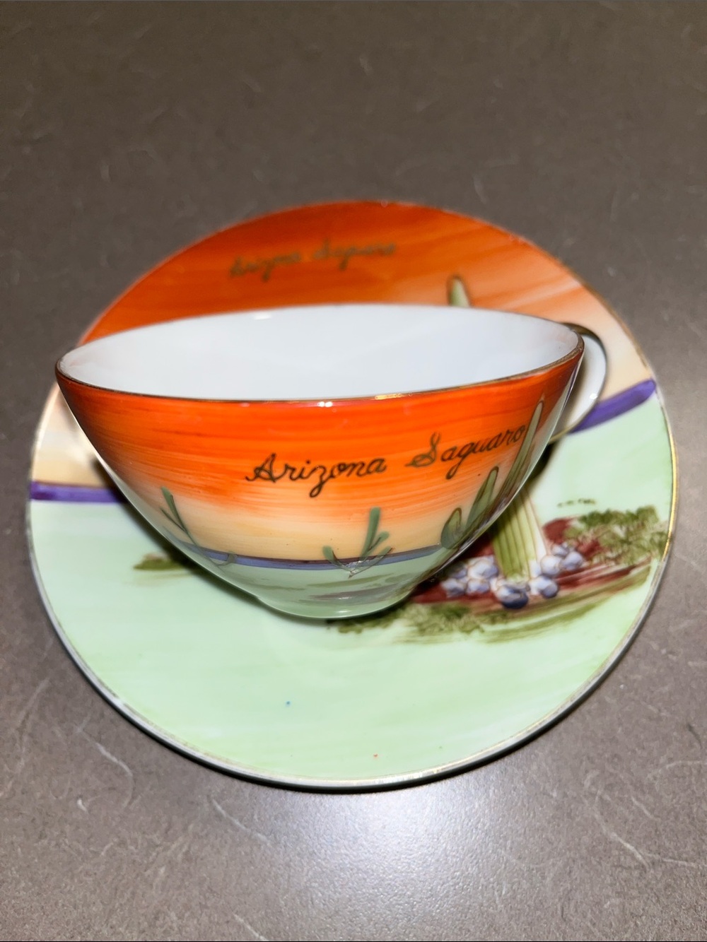 Arizona Saguaro Porcelain Orange and Green Decorative Tea Cup and Saucer - 1 Set